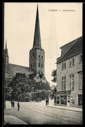 AK Lübeck, Jakobikirche mit Strassenkreuzung u. Cigarrengeschäft Niemeyer