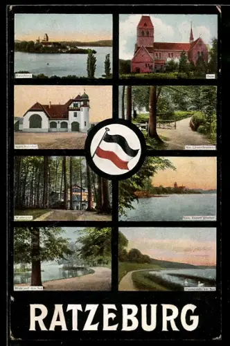 AK Ratzeburg, Dom, Stadt-Bahnhof, Blick auf den See, Deutsche Flagge