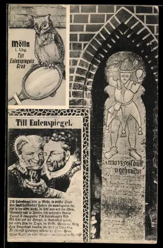 AK Mölln i. Lbg., Till Eulenspiegels Grab, Gedenkstein, Darstellung Till Eulenspiegel, Eule mit Spiegel
