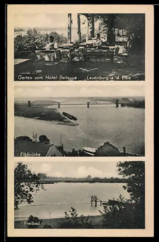AK Lauenburg a. d. Elbe, Garten vom Hotel Bellevue, Elbbrücke, Freibad