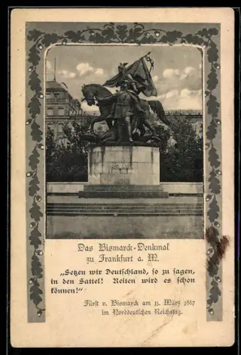 AK Frankfurt a. M., Bismarck-Denkmal, EichenlaubSetzen wir Deutschland in den Sattel!