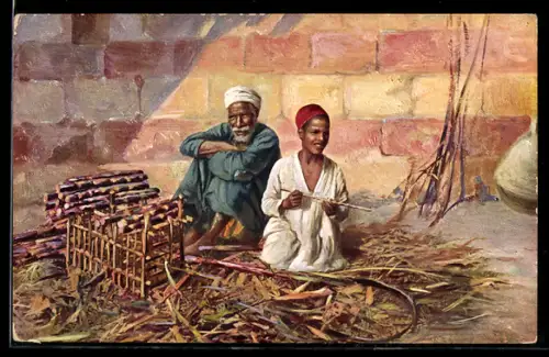 AK Alter Araber und Junge sitzen auf Holzspähnen