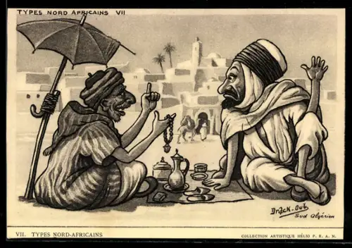 AK Nordafrikanischer Händler und Kunde beim Feilschen, Karikatur