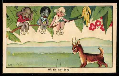 AK Wij zijn niet bang?, Kindergruppe auf Baum u. Antilope, Kolonialhumor