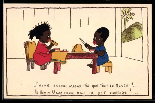 AK Afrikanisches Paar beim Frühstück, Briefmarkencollage