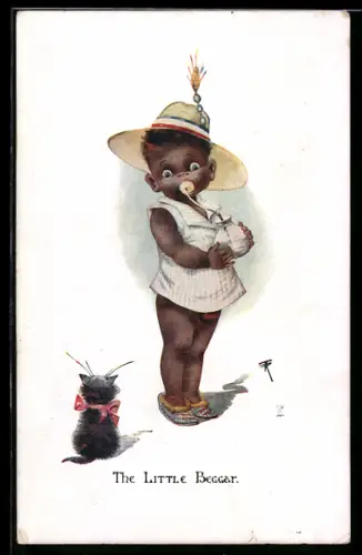 AK The little Beggar, Kind mit Milch u. Kätzchen