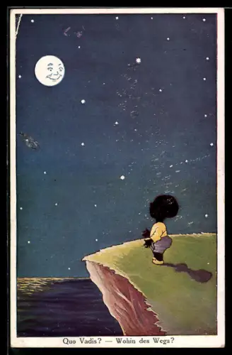 AK Quo vadis? Kleines dunkelhäutiges Kind auf einem Felsvorsprung über dem Meer, Mond