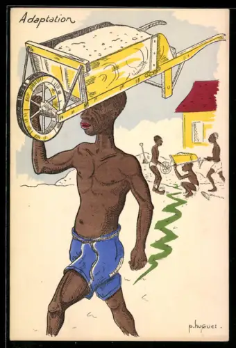AK Adaptation, Afrikanische Bauarbeiter tragen Schubkarren auf dem Kopf, Kolonialhumor