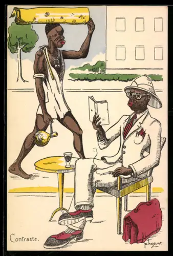 Künstler-AK küste, Contraste, afrikanischer Träger läuft an einem wohlhabenden Afrikaner im Cafe vorbei