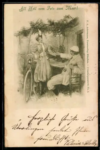 AK Junge Frau mit Fahrrad bei einem Umtrunk