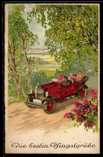 AK Gesellschaft bei Fahrt im Cabriolet durch Frühlungslandschaft, Auto