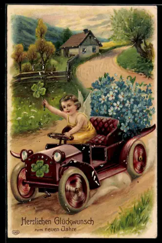 AK Neujahrsengel im Auto mit Kleeblatt u. Blumen