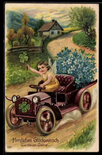 AK Neujahrsengel im Auto mit Kleeblatt u. Blumen