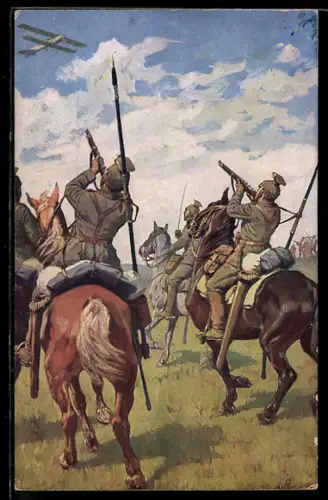 AK Feindliches Flugzeug unter Beschuss der Ulanen