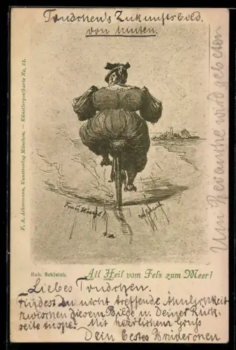 Künstler-AK Fahrrad mit beleibter Dame