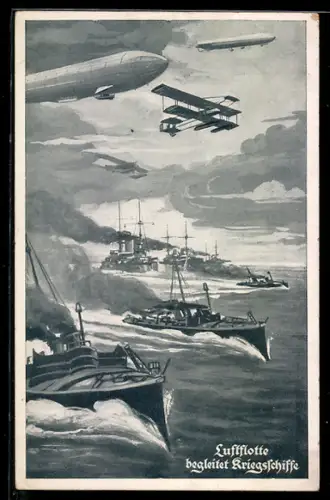 AK Luftflotte begleitet Kriegsschiffe, Doppeldecker und Zeppeline