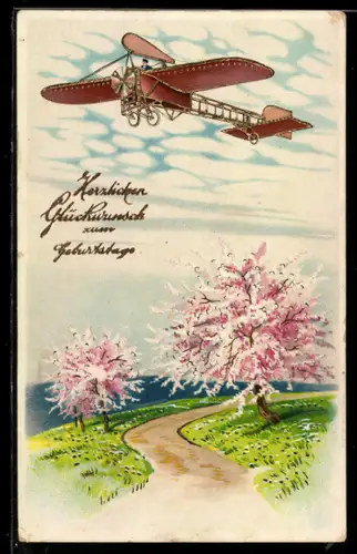 AK Eindecker-Flugzeug im Fluge über Frühlingslandschaft