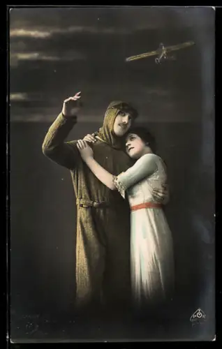 AK Eindecker-Flugzeug im Fluge, Pilot mit seiner Liebsten