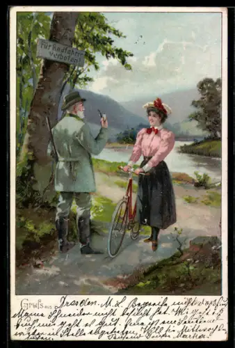 AK Jäger ermahnt Frau mit Fahrrad