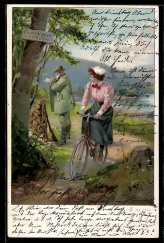 Lithographie Radfahrerin fährt verbotenerweise einen Weg entlang, Jäger sieht es nicht