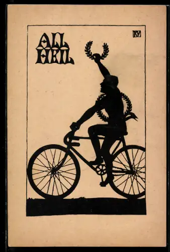 Künstler-AK Mann mit Lorbeerkranz auf einem Fahrrad, All Heil