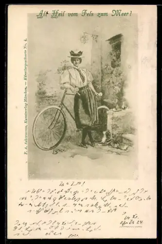 AK Junge Frau mit ihrem Fahrrad vor Hauseingang