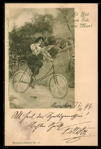 Künstler-AK Amor knutscht Fahrradfahrerin
