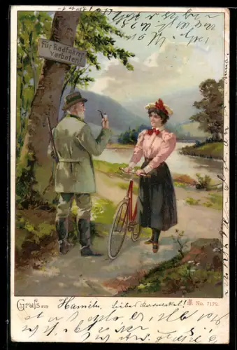 AK Jäger ermahnt Frau mit Fahrrad