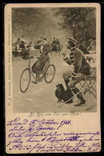 AK Junge Frau auf Fahrrad kokettiert mit einem Husaren im Park