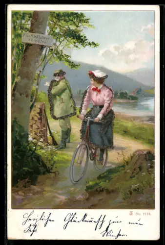 Lithographie Radfahrerin fährt verbotenerweise einen Weg entlang, Jäger sieht es nicht