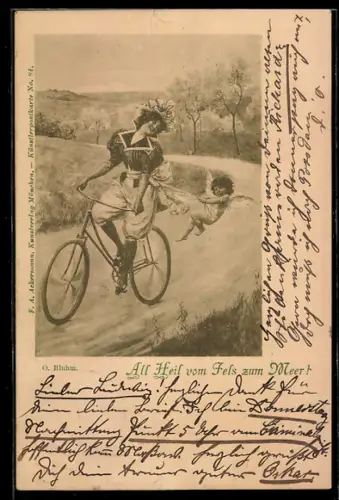 AK Junge Frau mit Fahrrad auf Fahrweg, Amor folgt ihr