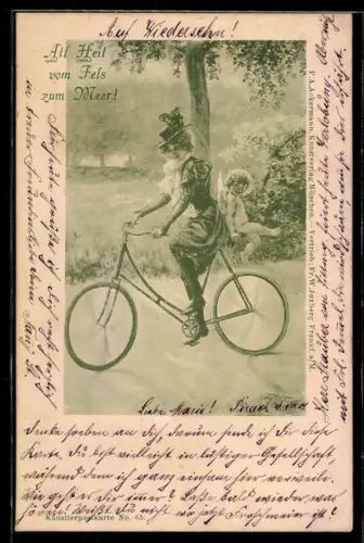 AK Junge Frau mit Hut auf Fahrrad, kleiner Engel fährt mit