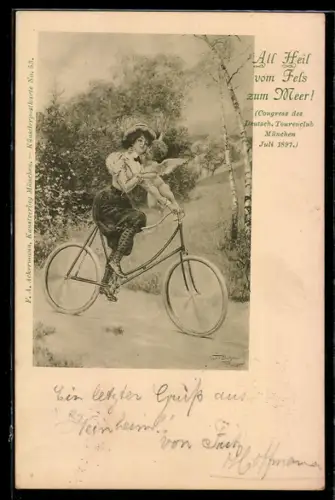 Künstler-AK Amor knutscht Fahrradfahrerin