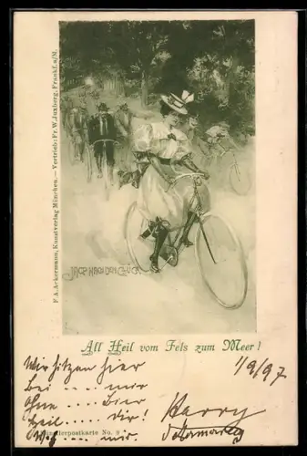 AK Junge Dame auf dem Fahrrad