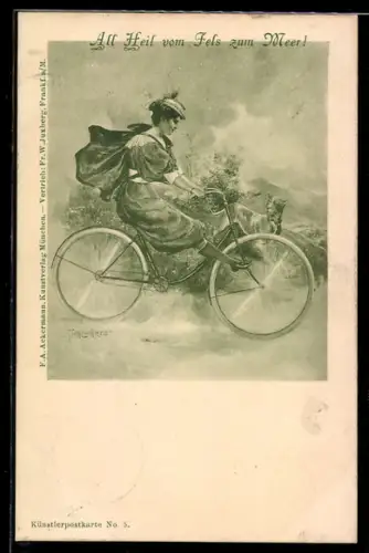 Künstler-AK Junge Frau fährt mit Fahrrad zu Tal