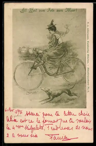 AK Frau mit Fahrrad in schneller Fahrt bergab