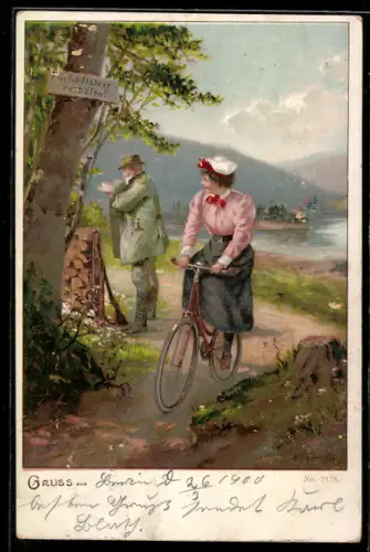 Lithographie Radfahrerin fährt verbotenerweise einen Weg entlang, Jäger sieht es nicht