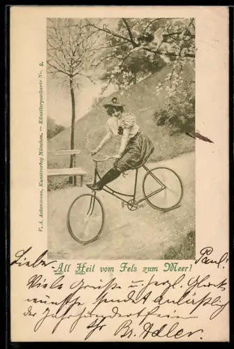 AK Junge Dame wird mit ihrem Fahrrad einen Berg hinunter