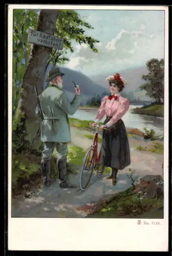AK Jäger ermahnt Frau mit Fahrrad