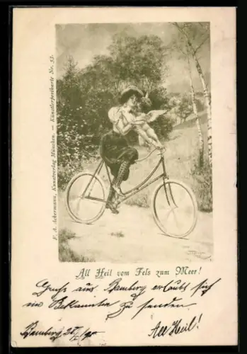 Künstler-AK Junge Frau auf Fahrrad mit Amor, Gruss der Fahrradfahrer