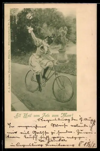 AK Junge Frau mit Fahrrad bei Fahrt durch einen Park