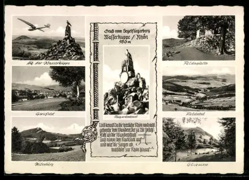 AK Segelflugzeug im Fluge am Fliegerdenkmal auf der Wasserkuppe, Blick auf Gersfeld und Milseburg