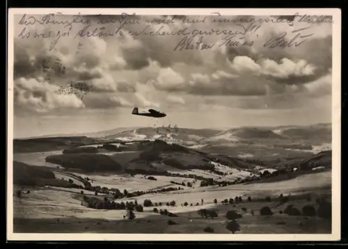 AK Segelflugzeug Schloss Maienberg mit Pilot Oberlt. Hemmer beim 9,5 Stunden Dauerflug über dem Fuldatal