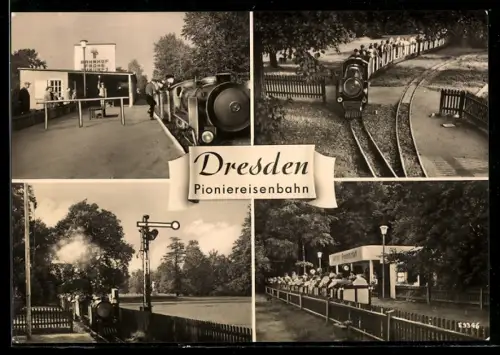 AK Dresden, Lokomotive, Gleisanlage und Bahnhof der Pioniereisenbahn, Kleinbahn