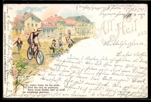 Lithographie Fahrradfahrer am Ortsrand wird von Jungen geneckt