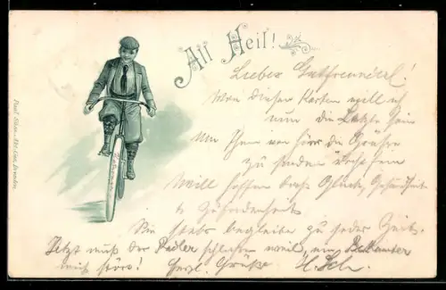 Lithographie Junger Mann auf Fahrrad, Gruss der Fahrradfahrer