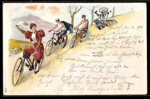 Lithographie Fahrradfahrer stürzt bei einer Abfahrt