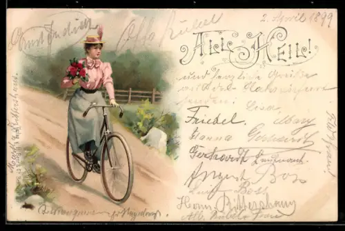 Lithographie Junge Frau mit Blumenstrauss auf Fahrrad