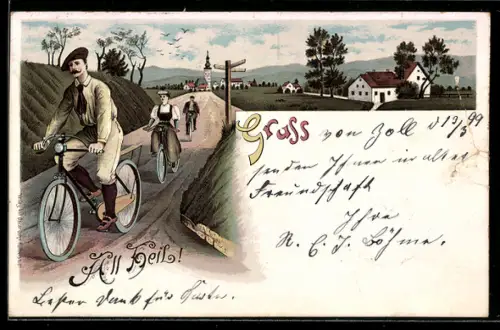 Lithographie Herren machen mit einer Dame einen Fahrradausflug, All Heil!