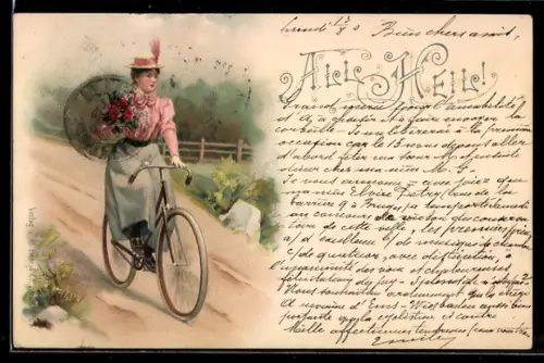 Lithographie All Heil!, Fahrradfahrerin mit Rosenstrauss